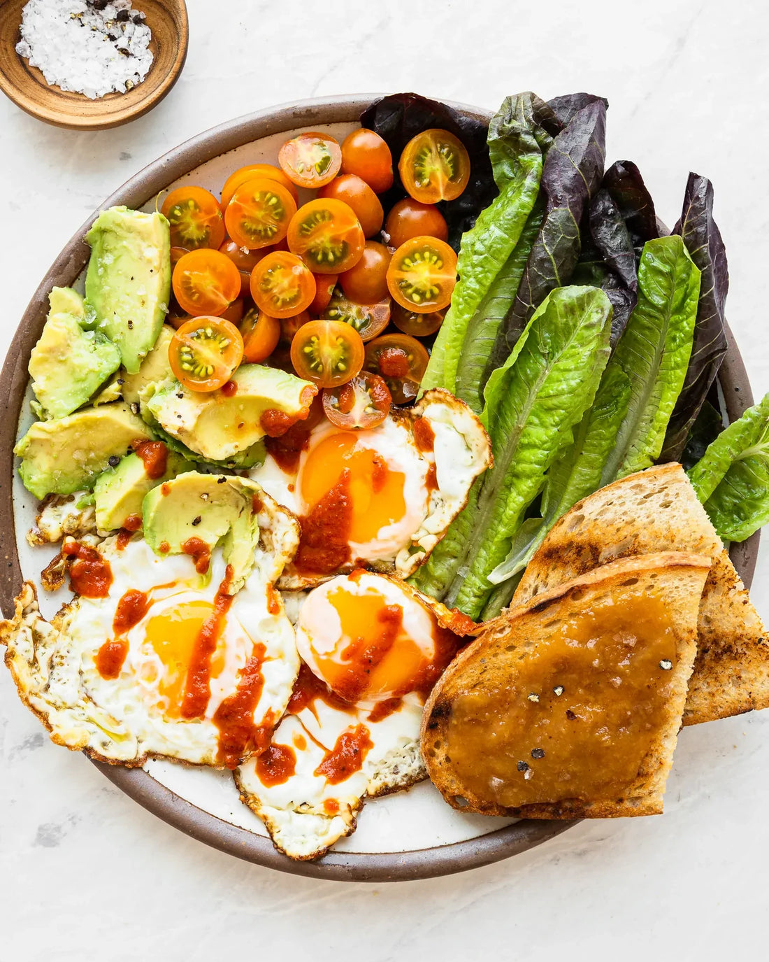 Summer Breakfast Bowl with Fried Eggs and Sourdough Toast